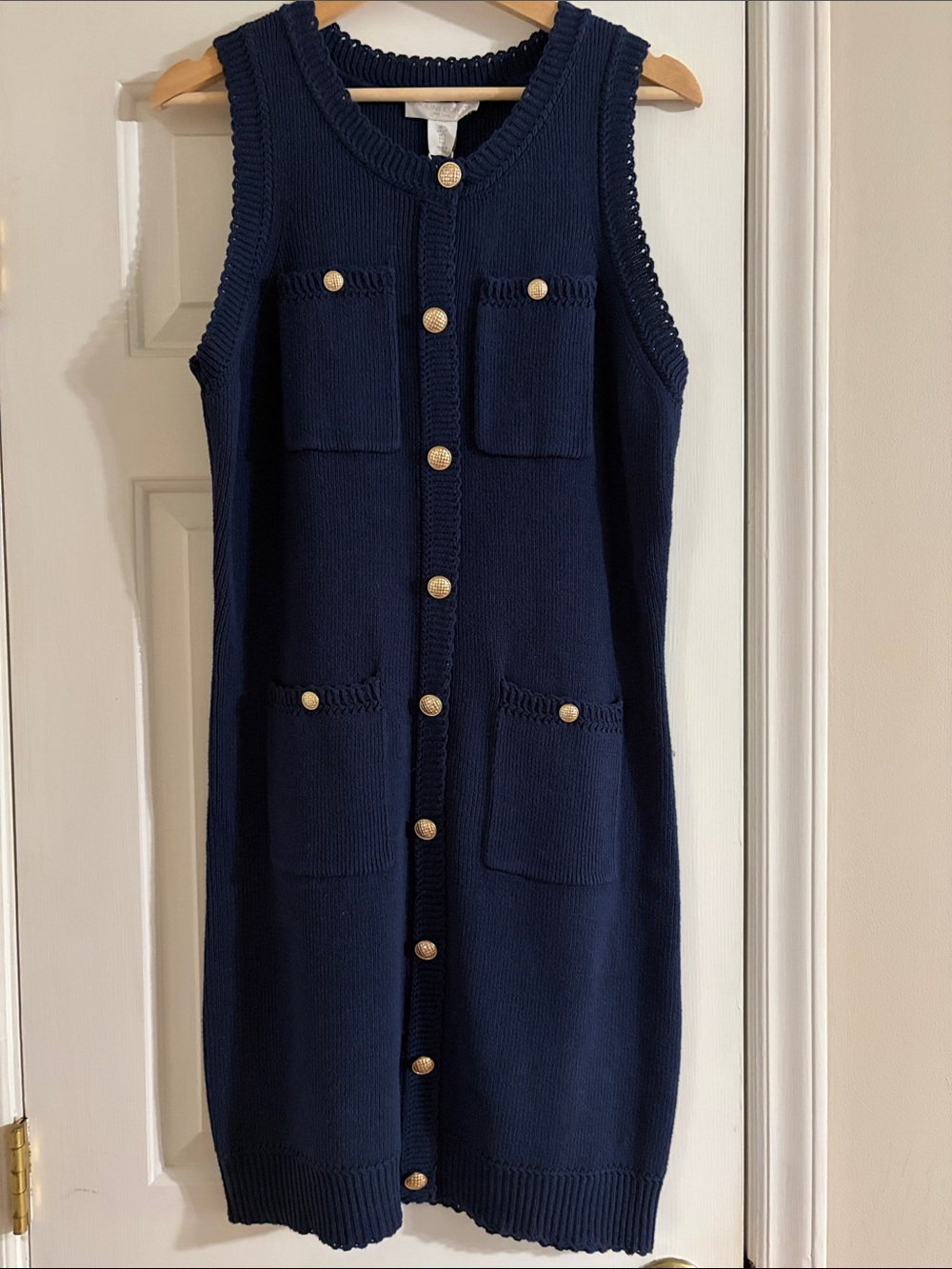 Caroline Constas Navy Ribbed Knit Sleeveless Dress with Gold Buttons
